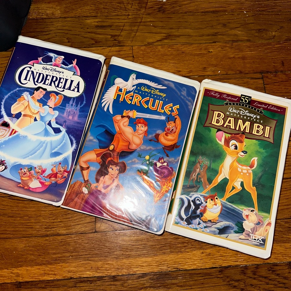 3 Disney VHS tapes Cinderella, Bambi, Hercules